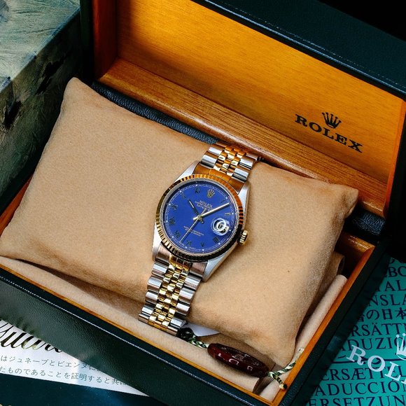 MEN'S ROLEX DATEJUST BLUE ROMAN DIAL FLUTED 36MM WATCH ORIGINAL BOX & PAPERS - Picture 1 of 12